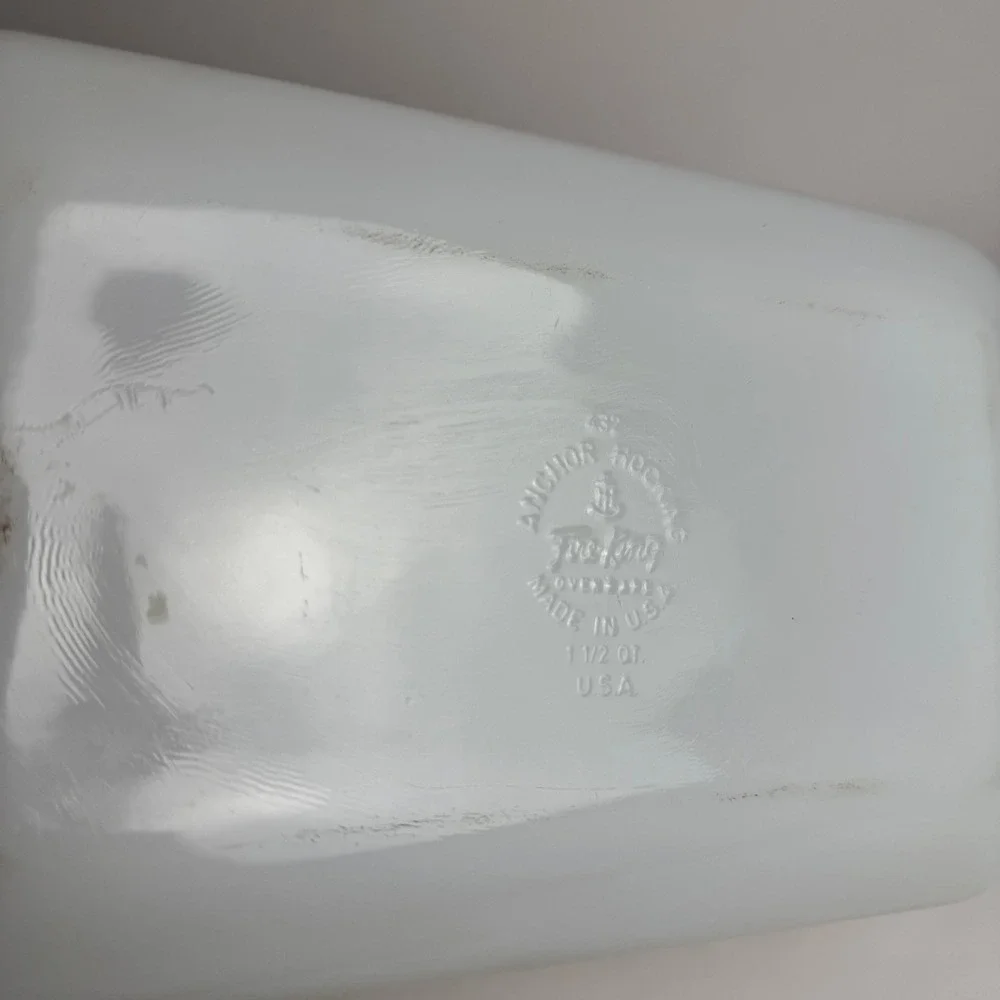 Vintage Fire-King Atomic Star Milk Glass Baking Dish Rectangular 1.5 Qt MCM
